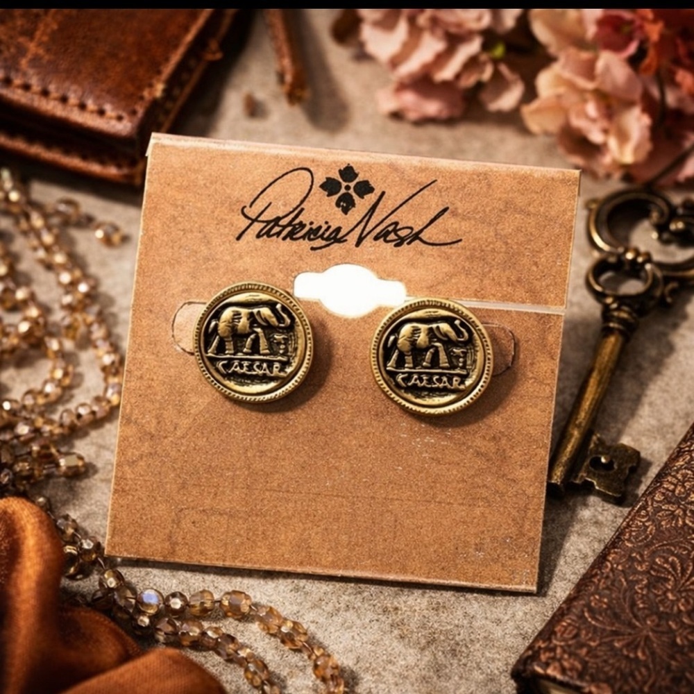 Patricia Nash Roman Coin Elephant Designer Etched Signature Earrings Gold